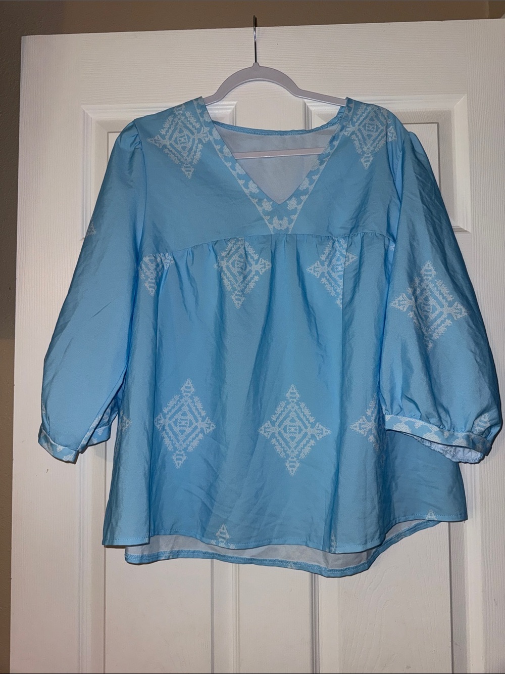 SHEIN Light Blue V-Neck Embroidered Tunic